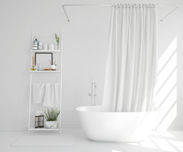 bañera blanca con cortina y estante