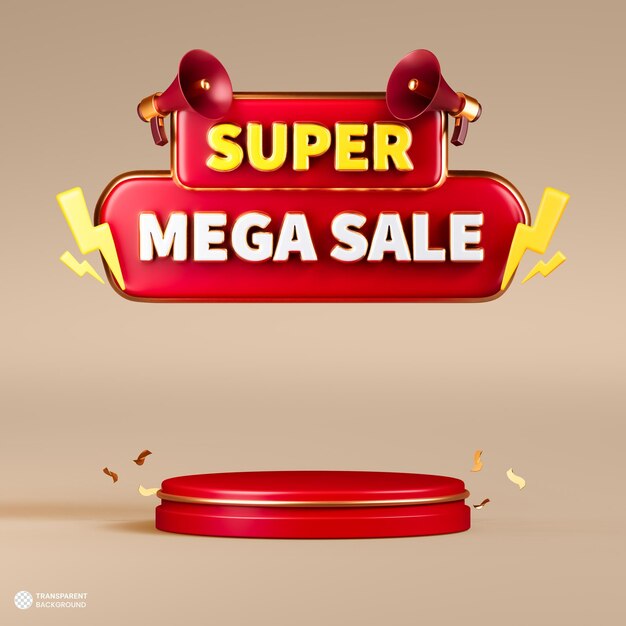 Banner 3d de mega venta con podio promocional.