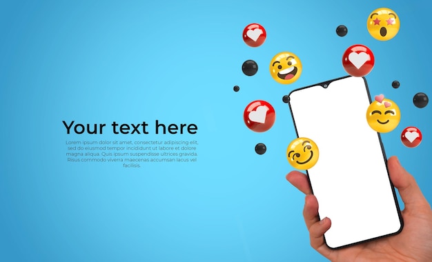 PSD gratuito banner para conversación romántica con íconos 3d en un teléfono inteligente con la mano