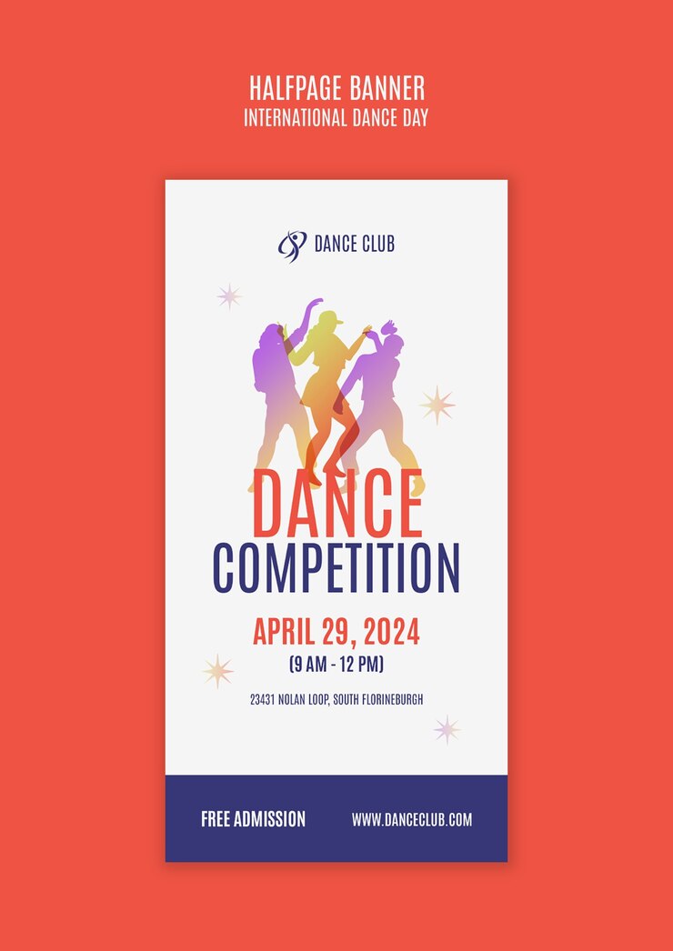 PSD gratuito banner di mezza pagina per la celebrazione della giornata internazionale della danza