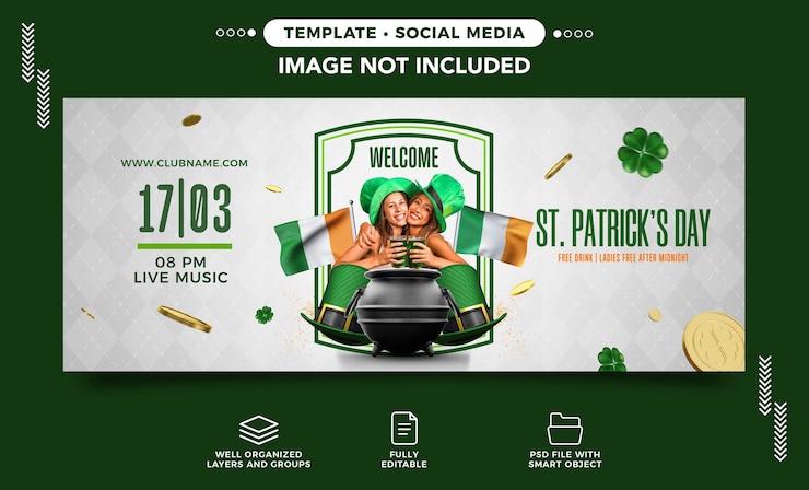 PSD gratuito banner di social media festa di san patrizio con drink gratuito
