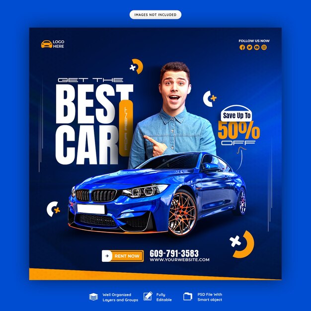 Banner di social media per noleggio auto e auto o modello di post su Instagram