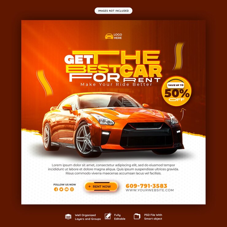 PSD gratuito banner di social media per noleggio auto e auto o modello di post su instagram