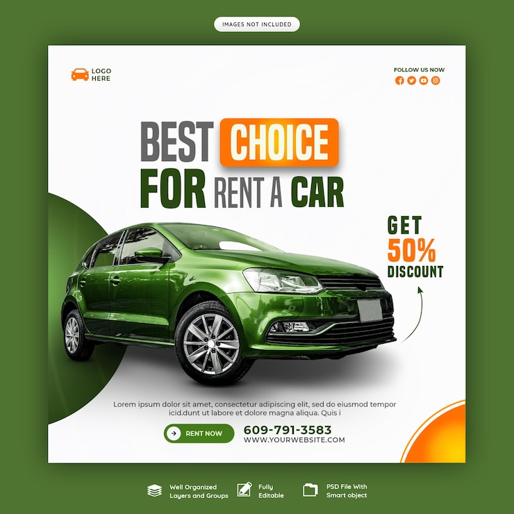 PSD gratuito banner di social media per noleggio auto e auto o modello di post su instagram
