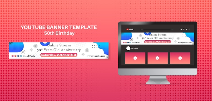 PSD gratuito banner di youtube per la celebrazione del 50 ° compleanno