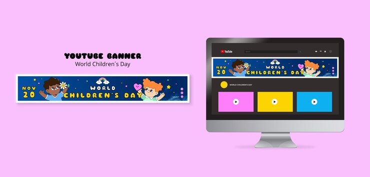 PSD gratuito banner di youtube per la giornata mondiale dei bambini dal design piatto