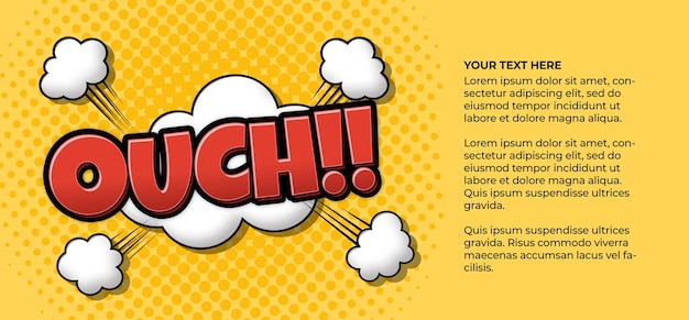 PSD gratuito banner de dibujos animados coloridos con el símbolo ouch sobre fondo de puntos amarillos