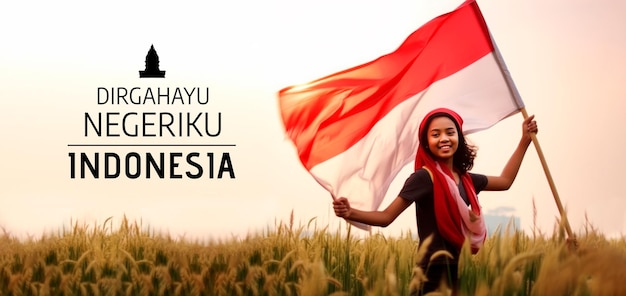 Gratis PSD banner die de indonesische onafhankelijkheid viert met een afbeelding van een meisje met vlag