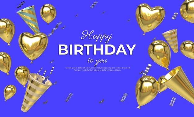 Banner de feliz cumpleaños 3d con plantilla de decoración de confeti y globos