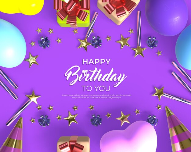 Banner de feliz cumpleaños 3d con plantilla de decoración de confeti y globos