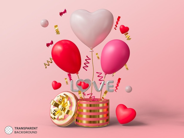 Banner de feliz día de san valentín con caja de regalo de corazones 3d y decoraciones románticas de san valentín