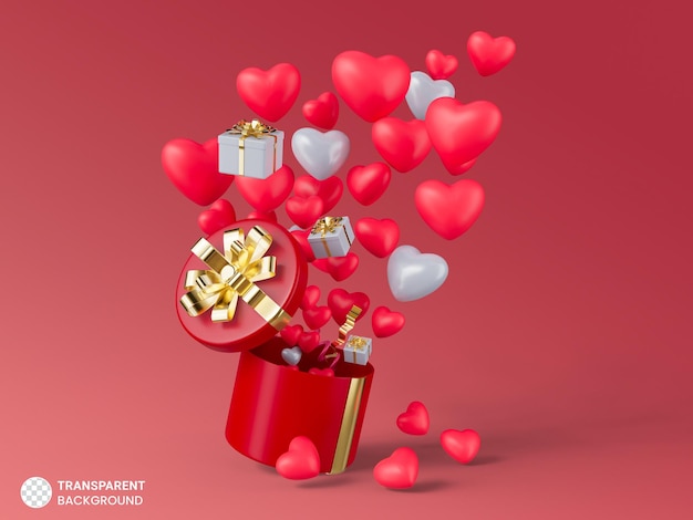 Banner de feliz día de san valentín con caja de regalo de corazones 3d y decoraciones románticas de san valentín