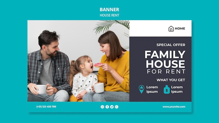 PSD gratuito banner horizontal para alquiler de casa familiar.