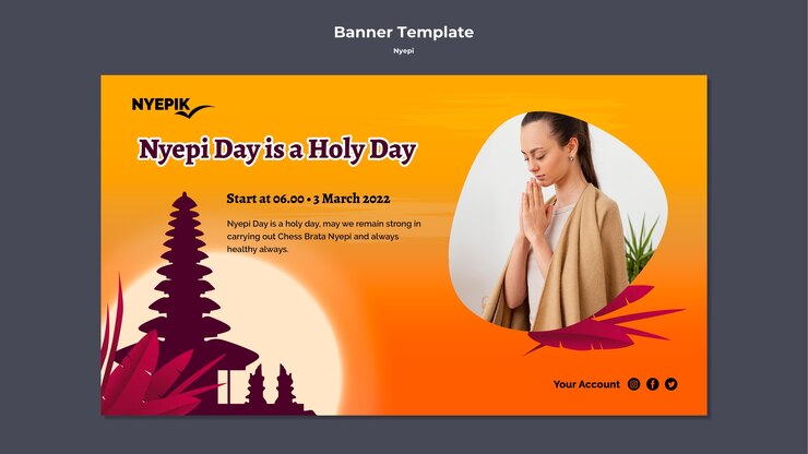PSD gratuito banner horizontal para la celebración de nyepi.