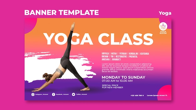 PSD gratuito banner horizontal para clase de yoga con mujer.