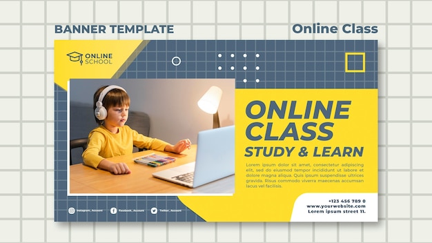 Banner horizontal para clases online con niño.