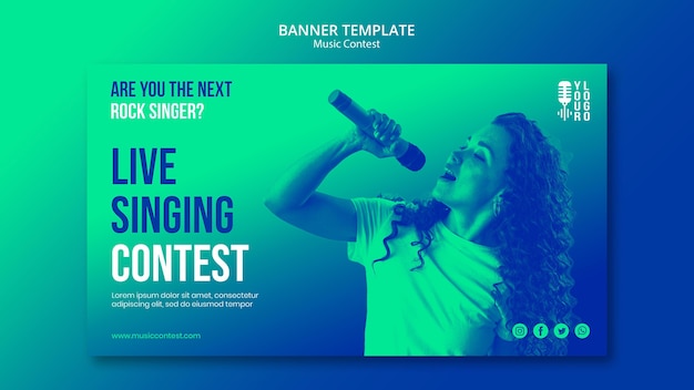 Banner horizontal para concurso de música en vivo con intérprete.