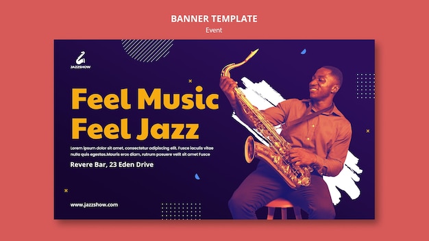 Banner horizontal para evento de música jazz.