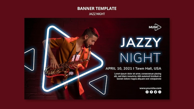 Banner horizontal para evento nocturno de jazz de neón.