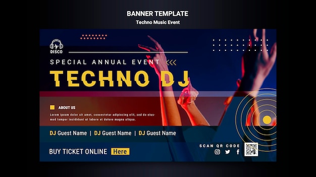 Banner horizontal para fiesta nocturna de música techno.