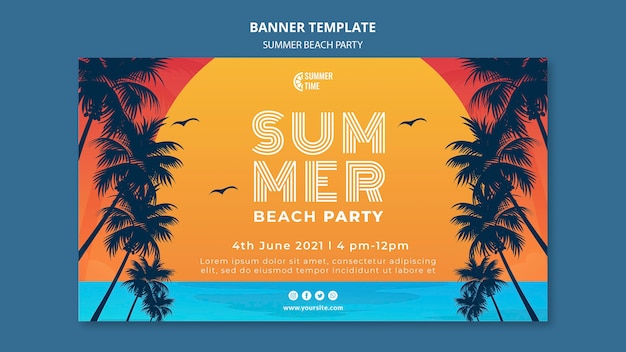 Banner horizontal para fiesta de verano en la playa.