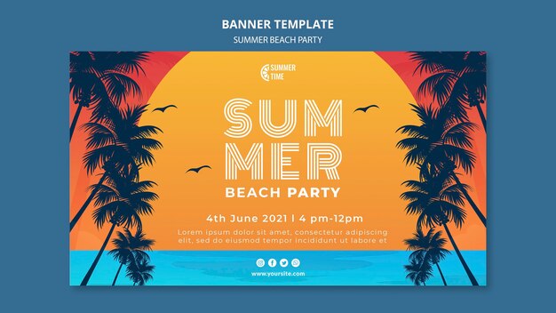 Banner horizontal para fiesta de verano en la playa.