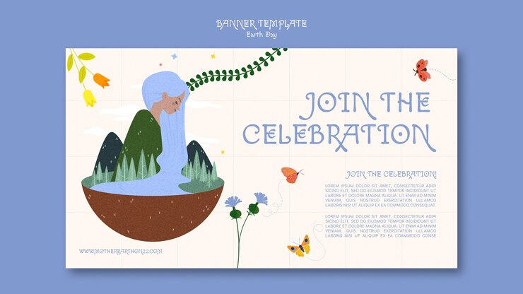 PSD Gratis banner horizontal hari bumi bahagia desain datar
