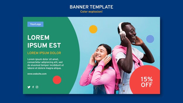 Banner horizontal con hombre y mujer escuchando música en auriculares