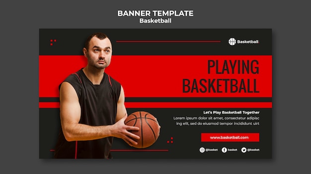 Banner horizontal para juego de baloncesto con jugador masculino.