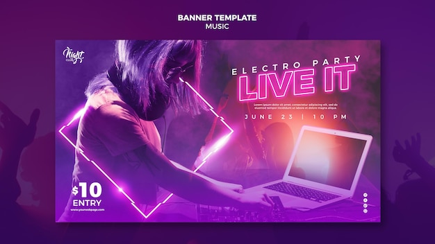 Banner horizontal de neón para música electrónica con dj femenina