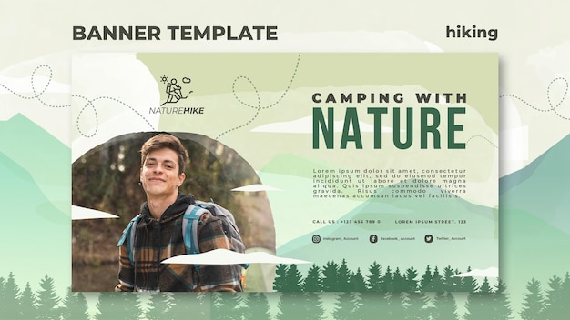 PSD gratuito banner horizontal para senderismo por la naturaleza.