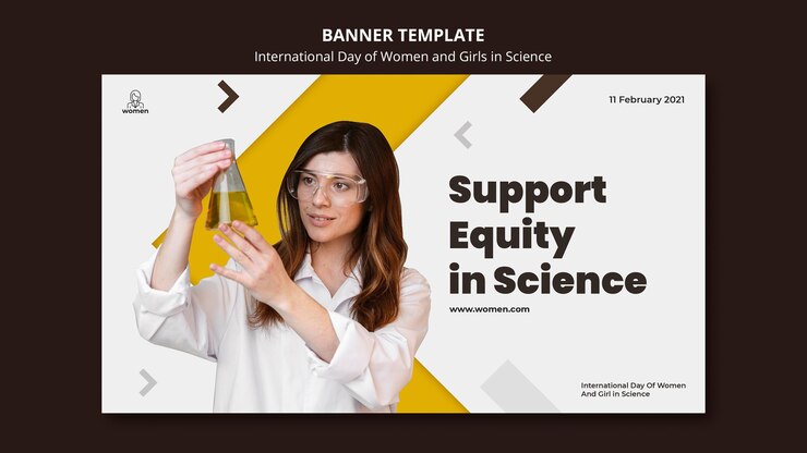 PSD Gratis banner horizontal untuk hari perempuan dan anak perempuan internasional dalam sains