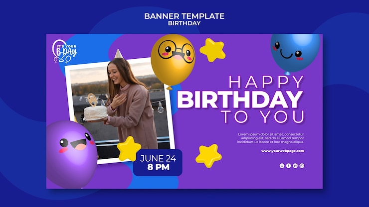 PSD Gratis banner horizontal untuk pesta ulang tahun dengan balon lucu