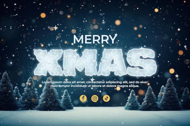 PSD gratuito banner con icestyle palabra de navidad en un fondo nevado con árboles y texto