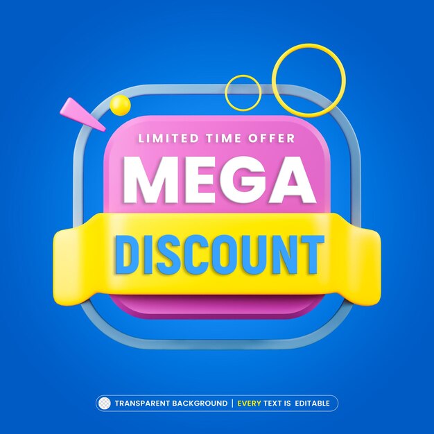 Banner de mega descuento con render 3d de plantilla de texto editable