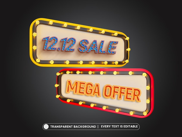 Banner de mega venta de estilo neón 1212 con efecto de texto editable de estilo 3d