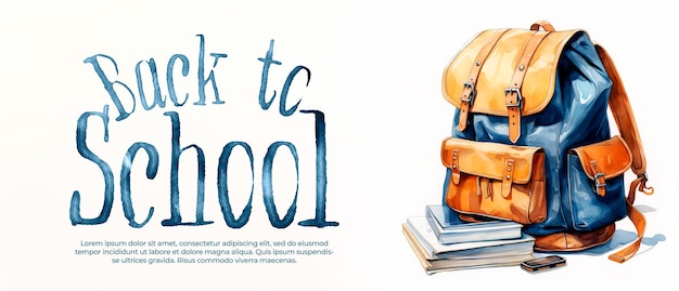 Banner met aquarel schooltas illustratie en tekst voor back to school