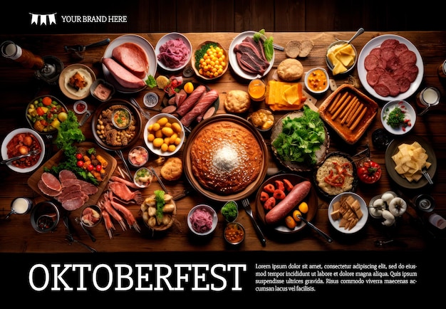 Banner met tekst voor oktoberfest op tafel met traditionele gerechten