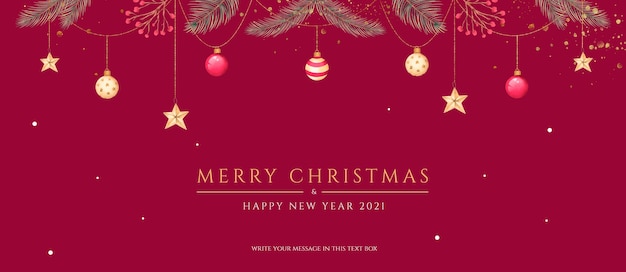 Banner navideño mínimo con hermosos adornos y naturaleza.