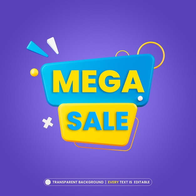 Banner de oferta de mega venta con render 3d de plantilla de texto editable