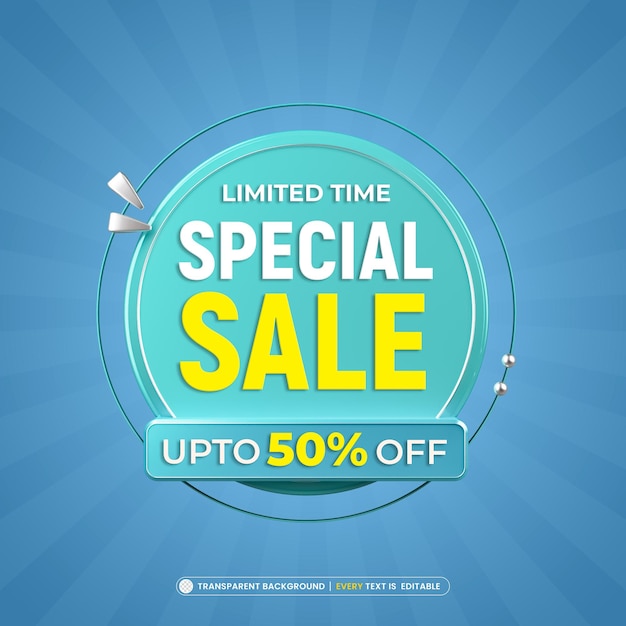 PSD gratuito banner de oferta de venta especial con render 3d de plantilla de texto editable