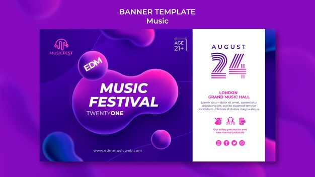Banner orizzontale per festival di musica elettronica con forme di effetto liquido al neon