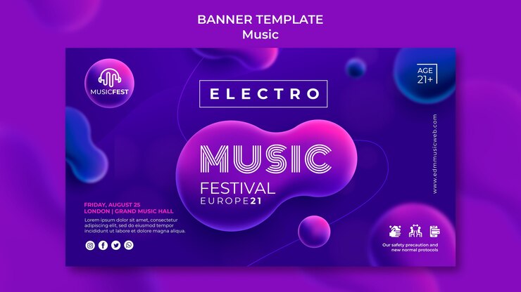 PSD gratuito banner orizzontale per festival di musica elettronica con forme di effetto liquido al neon