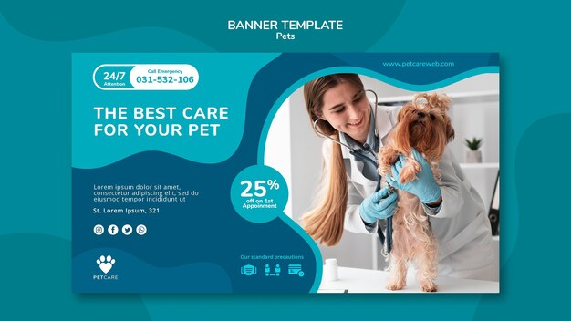 Banner orizzontale per la cura degli animali domestici con veterinario femmina e cane yorkshire terrier