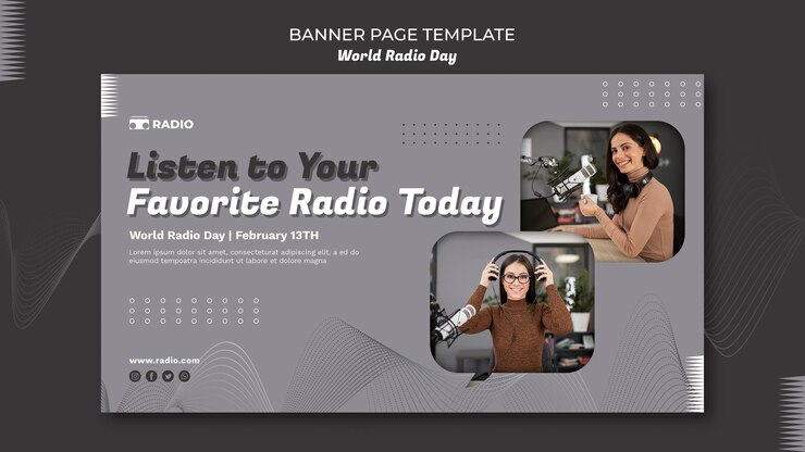 PSD gratuito banner orizzontale per la giornata mondiale della radio con emittente femminile