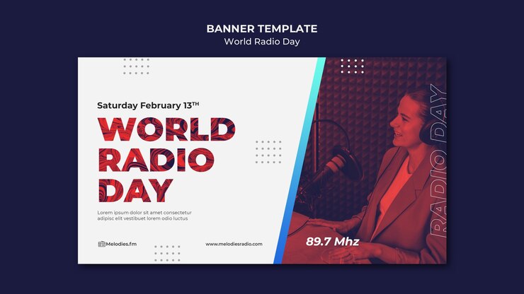 PSD gratuito banner orizzontale per la giornata mondiale della radio con emittente maschile