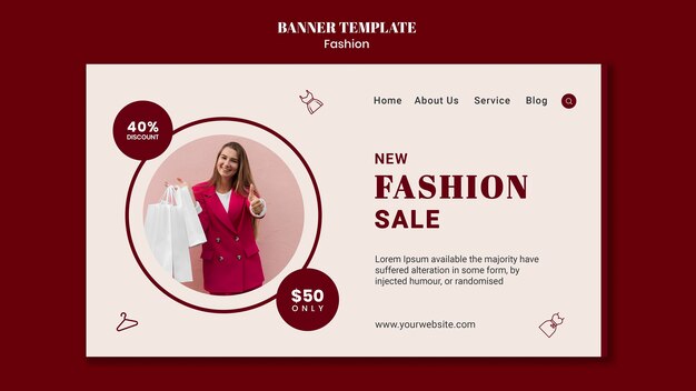 Banner orizzontale per la vendita di moda con donna e borse della spesa