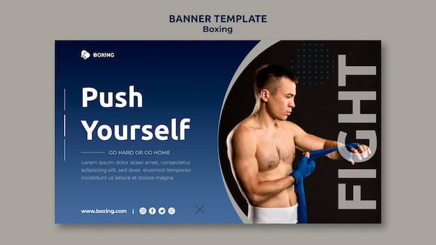 Banner orizzontale per lo sport di boxe con boxer maschio