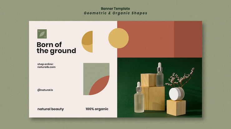 PSD gratuito banner orizzontale per podio bottiglia di olio essenziale con forme geometriche