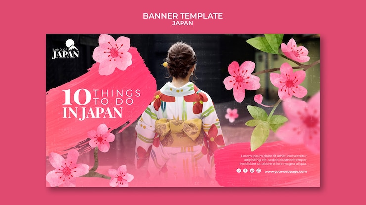 PSD gratuito banner orizzontale per viaggiare in giappone con donna e fiori di ciliegio